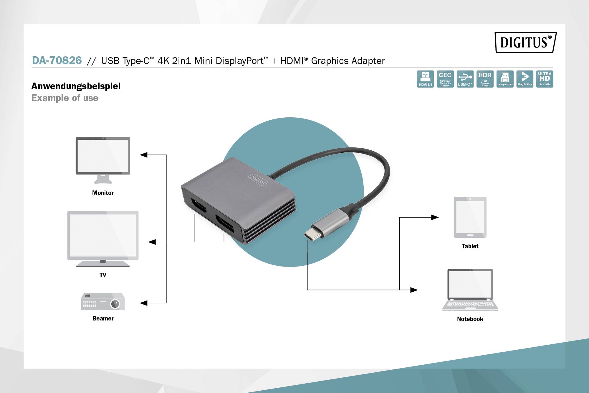 Digitus DA-70826 DisplayPort / HDMI / USB-C® Adapter [1x USB-C® - 2x DisplayPort Buchse, HDMI-Buchse] Schwarz Geschirmt, Rund 0.2 m