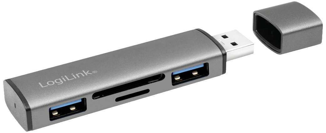 USB-Hub von LogiLink mit mehreren Anschlüssen, darunter zwei USB-Ports und Slots für Speicherkarten. Neben dem Hub liegt die Kappe.