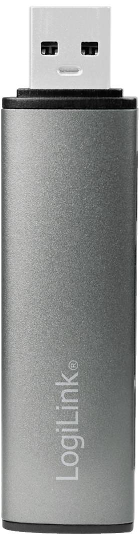Ein silberner USB-Stick mit der Aufschrift 'LogiLink', vertikal ausgerichtet. Hauptsächlich für die Datenspeicherung und -übertragung.