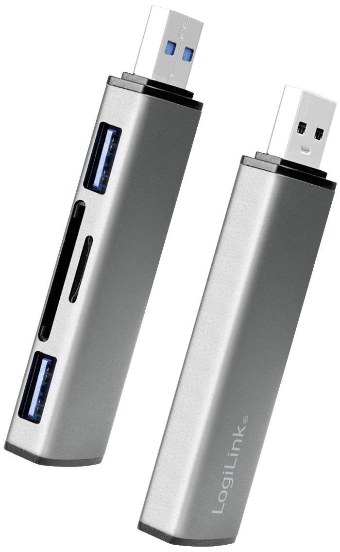 Zwei silberne USB-Sticks von LogiLink mit mehreren Anschlussmöglichkeiten, darunter USB- und SD-Kartensteckplätze.