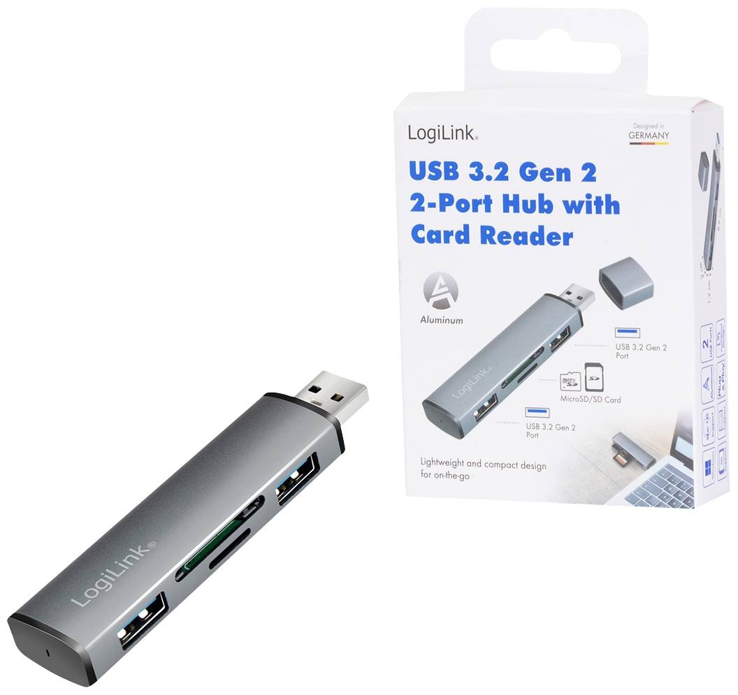 USB 3.2 Gen 2 2-Port-Hub von LogiLink mit Kartenleser, abgebildet mit Originalverpackung. Enthält Anschlüsse für USB und Karten.