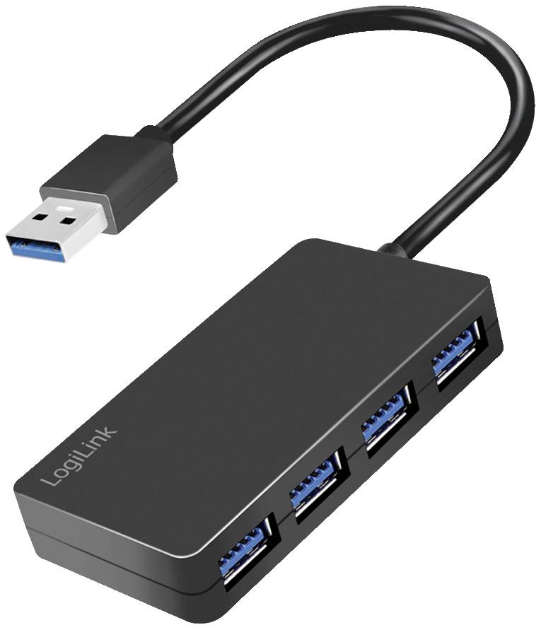Ein schwarzer USB-Hub mit vier USB-Anschlüssen und einem abgehenden Kabel für den Anschluss an den Computer.