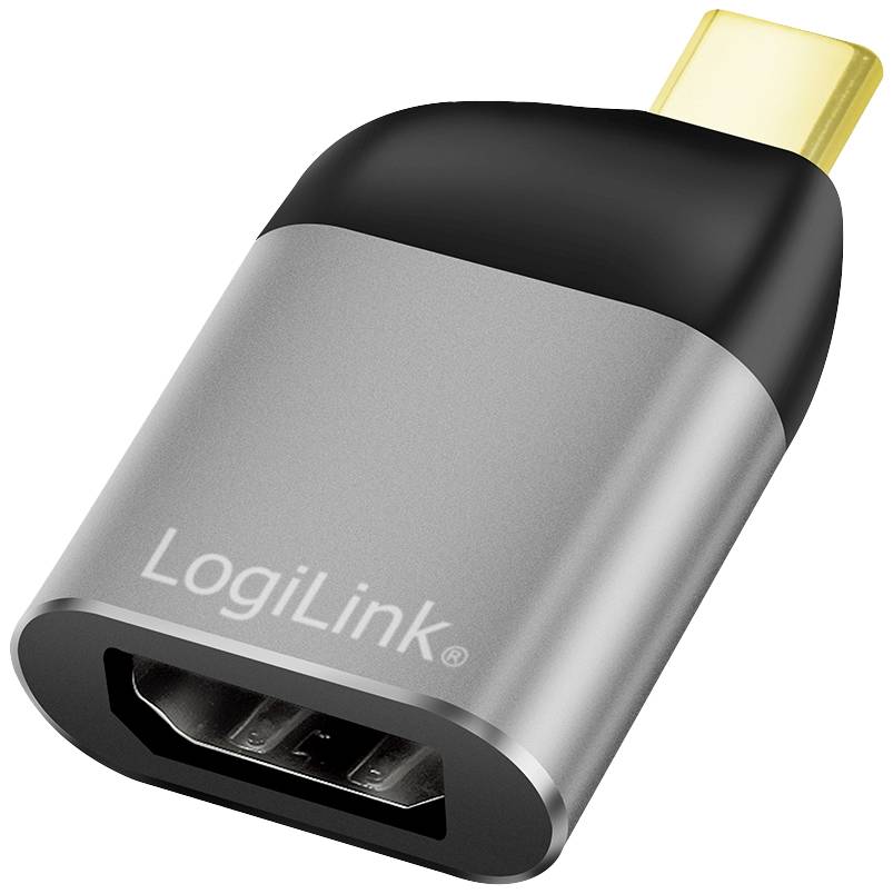 Ein USB-C-auf-HDMI-Adapter von LogiLink mit kompakter Bauweise und metallischer Oberfläche, ermöglicht HDMI-Verbindungen an USB-C-Geräten.