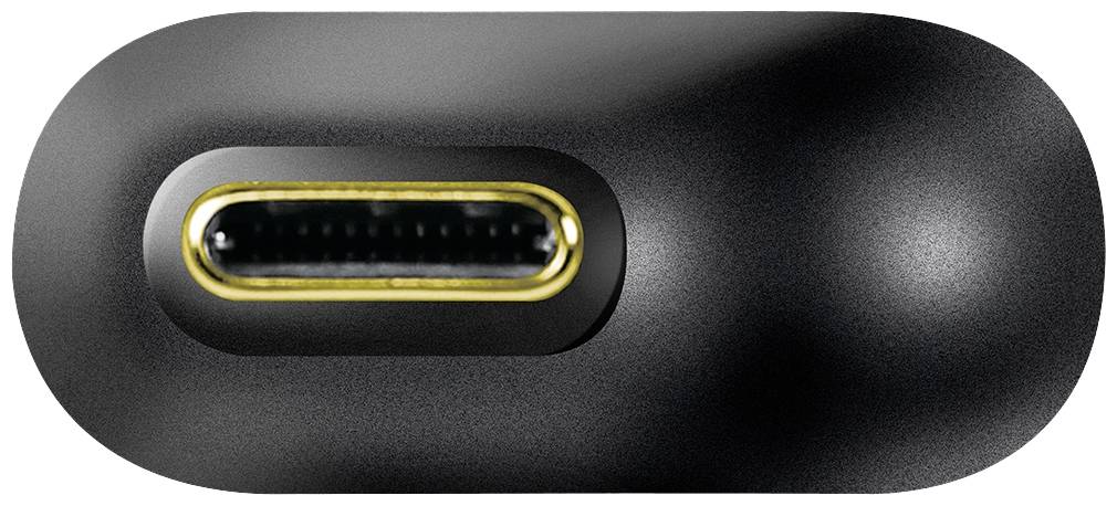 Nahaufnahme eines schwarzen USB-C-Anschlusses mit goldener Umrandung auf schwarzem Hintergrund.