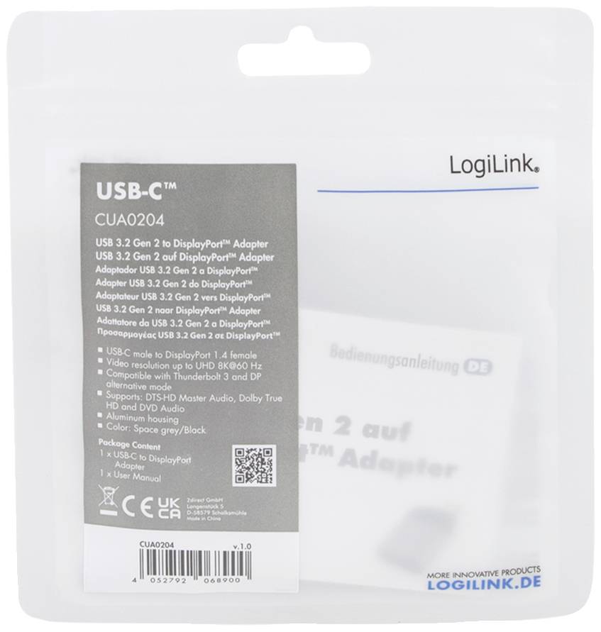 LogiLink USB-C auf DisplayPort Adapter-Verpackung. Enthält Adapter-Spezifikationen wie USB 3.2 Gen 2 Kompatibilität und 8K-Unterstützung.
