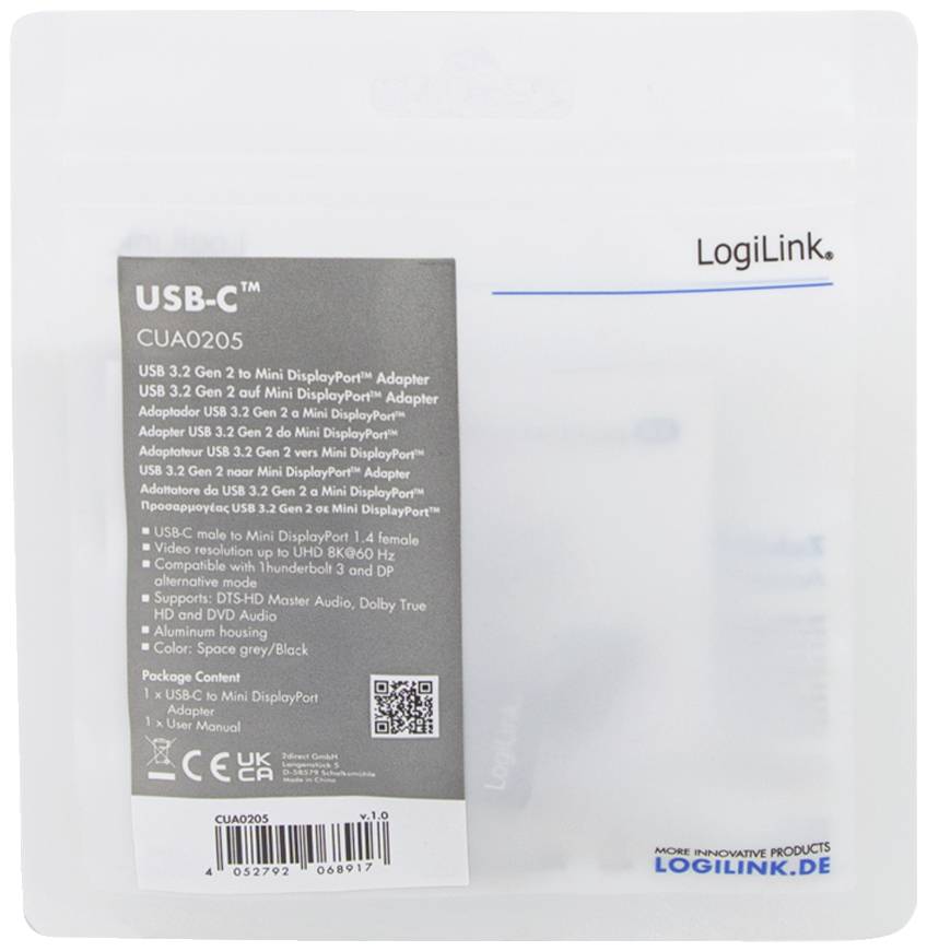 USB-C Adapter-Verpackung von LogiLink mit Modellnummer CUA020S. Informationen zu Spezifikationen und kompatiblen Geräten sind aufgedruckt.
