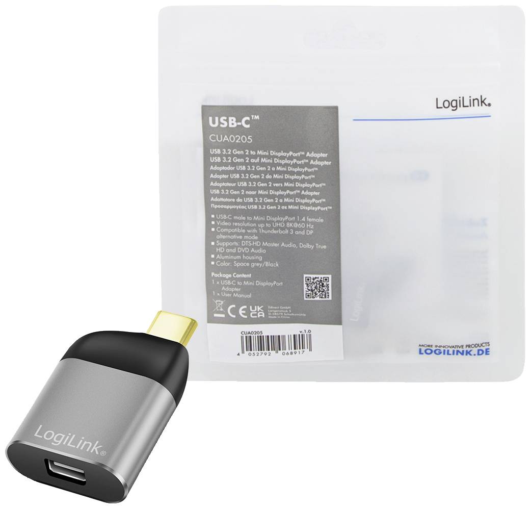 USB-C auf Mini-DisplayPort-Adapter von LogiLink in grauer Verpackung. Adapter ist außen sichtbar, Verpackung zeigt Produktdetails rückseitig.