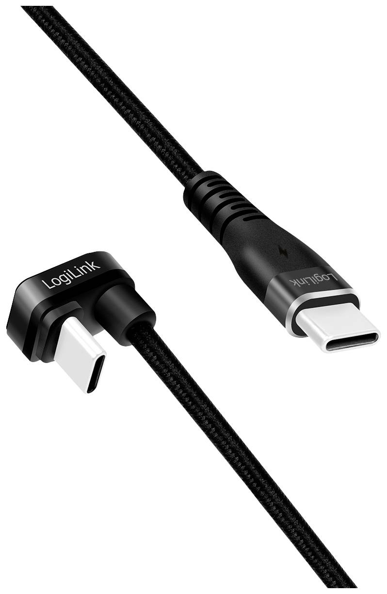 USB-C-Ladekabel mit geflochtenem Kabel in Schwarz. Ein Ende ist um 90 Grad abgewinkelt, das andere gerade. Markierung: 'LogiLink'.