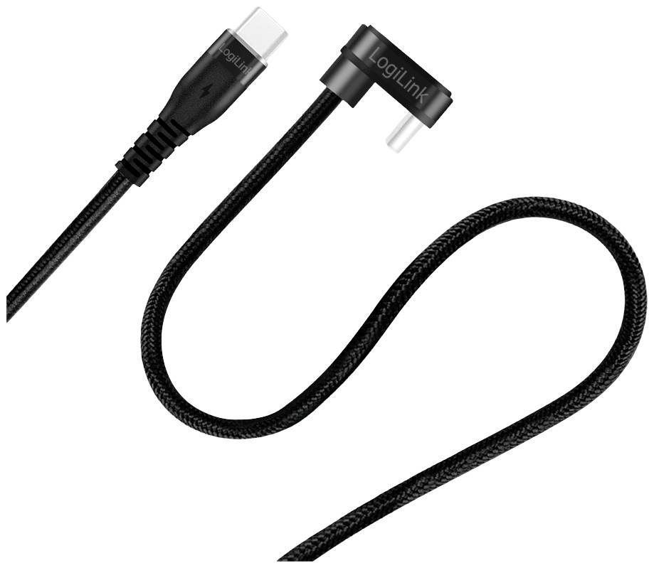 Schwarzes, geflochtenes USB-C-Kabel mit einem im rechten Winkel gebogenen Anschluss.