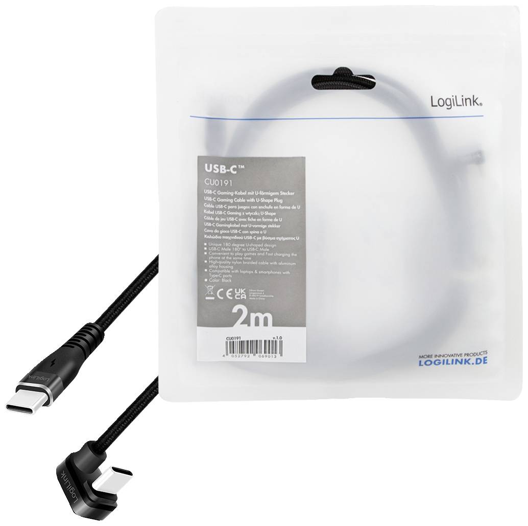 LogiLink USB-C Kabel, 2 Meter, schwarz, mit gewinkeltem Anschluss, in Kunststoffverpackung.