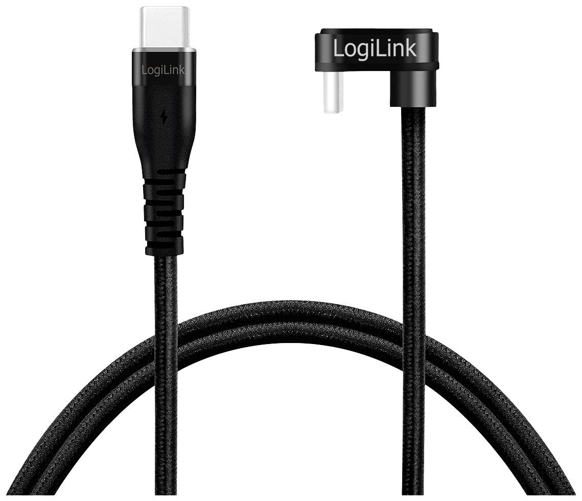 USB-C-Kabel von LogiLink mit L-förmigem Stecker links und geradem Stecker rechts, schwarz, geflochten, für Langlebigkeit.