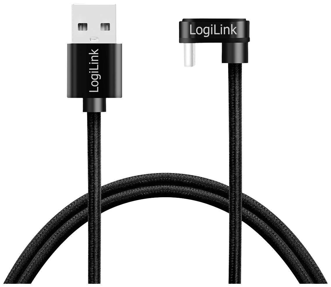 Abgebildet ist ein schwarzes LogiLink USB-Kabel mit rechtwinkligem Stecker und geflochtenem Textilmantel für robuste Nutzung.
