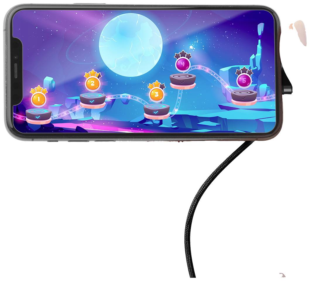 Das Bild zeigt ein Handy mit einem bunten Spiel. Fünf nummerierte Level sind in einer futuristischen Landschaft mit leuchtendem Mond dargestellt.