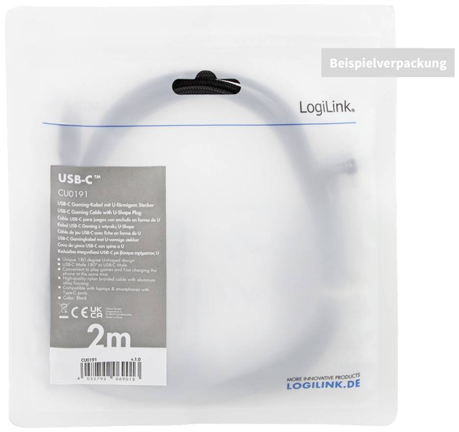LogiLink USB-C Kabel, 2m Länge, abgebildet in wiederverwendbarer weißer Verpackung. Produktname und Spezifikationen aufgedruckt.