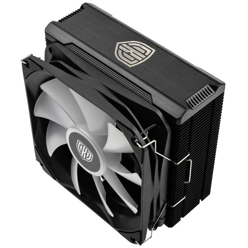 Ein schwarzer CPU-Kühler mit großer, weißer Lüfterflügel auf der Vorderseite, montiert auf einem Rechteckkühlkörper mit einem Logo oben.