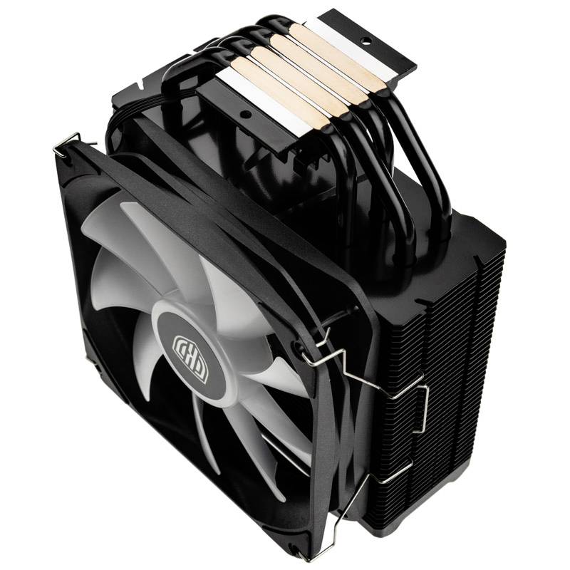 Ein schwarzer CPU-Kühler mit silbernem Lüfter, Kupfer-Heatpipes und schwarz lamellenförmigem Kühlkörper, dient zur Kühlung von Computerprozessoren.