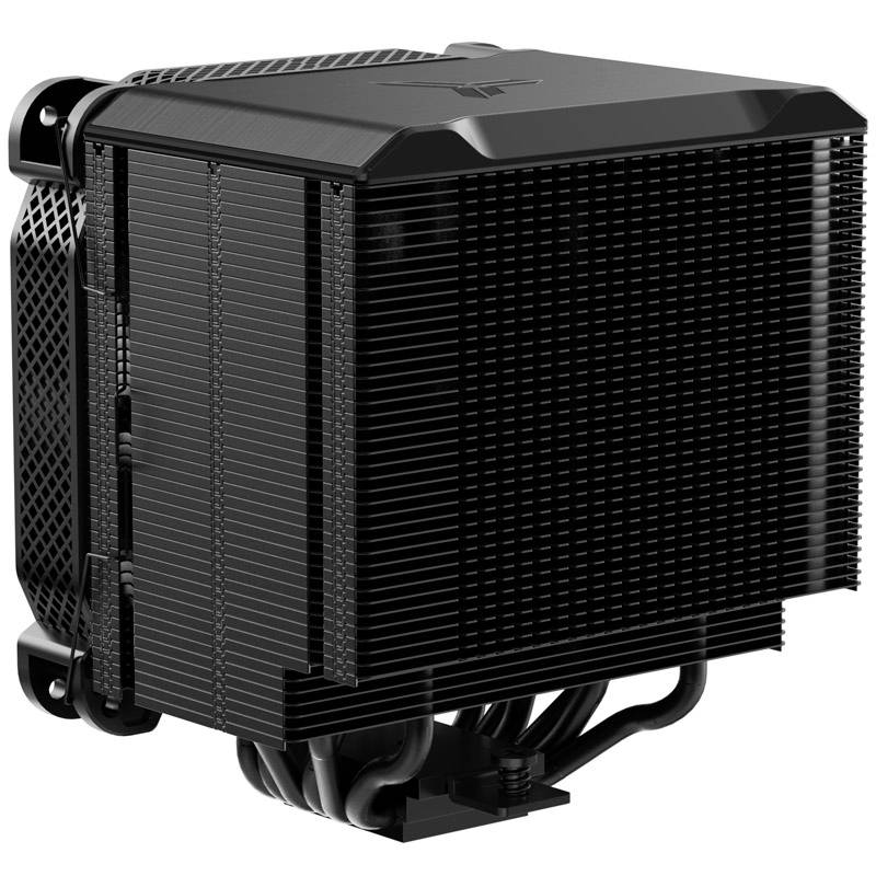 Ein schwarzer CPU-Kühler mit mehreren Kühlrippen und Heatpipes, designed für die Wärmeableitung in Computergehäusen.