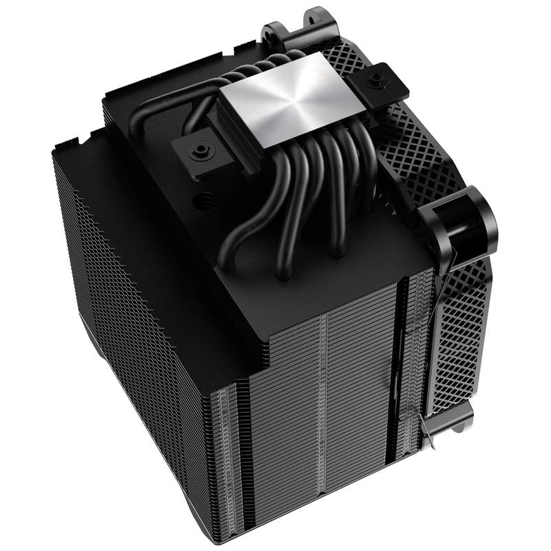 Ein schwarzer CPU-Kühler mit mehreren Heatpipes und einem großen Kühlkörper, der zur Wärmeableitung in Computern verwendet wird.