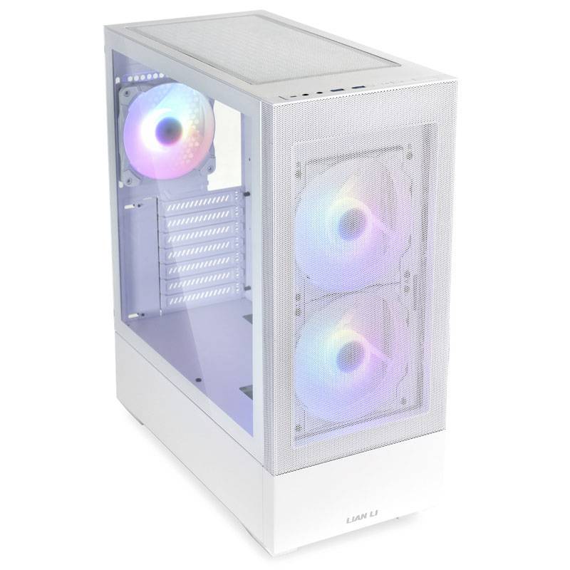 Ein weißes Computergehäuse mit durchsichtigem Seitenteil zeigt drei beleuchtete Lüfter in Blau und Violett; geeignet für PC-Bau.
