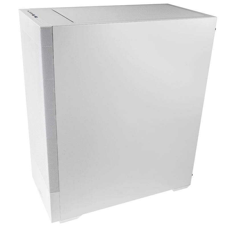 Ein weißes, aufrecht stehendes Computergehäuse mit unauffälligem Design. Links befinden sich Anschlüsse und Lüftungsschlitze.