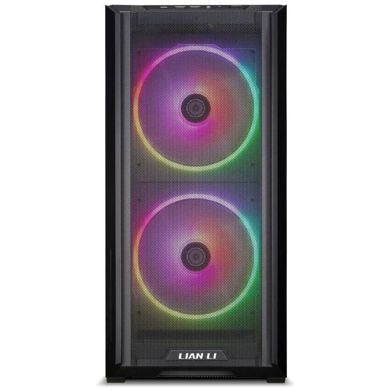 Ein Computergehäuse von Lian Li mit zwei großen, beleuchteten Lüftern, die in Regenbogenfarben leuchten.