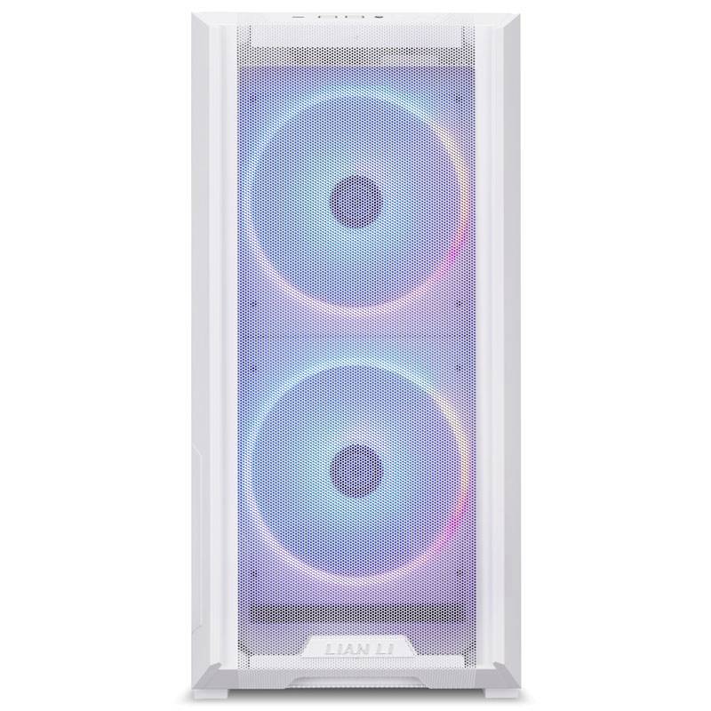 Ein weißes Computergehäuse-Frontpanel von Lian Li zeigt zwei große, beleuchtete Lüfter mit bunten RGB-Lichteffekten.