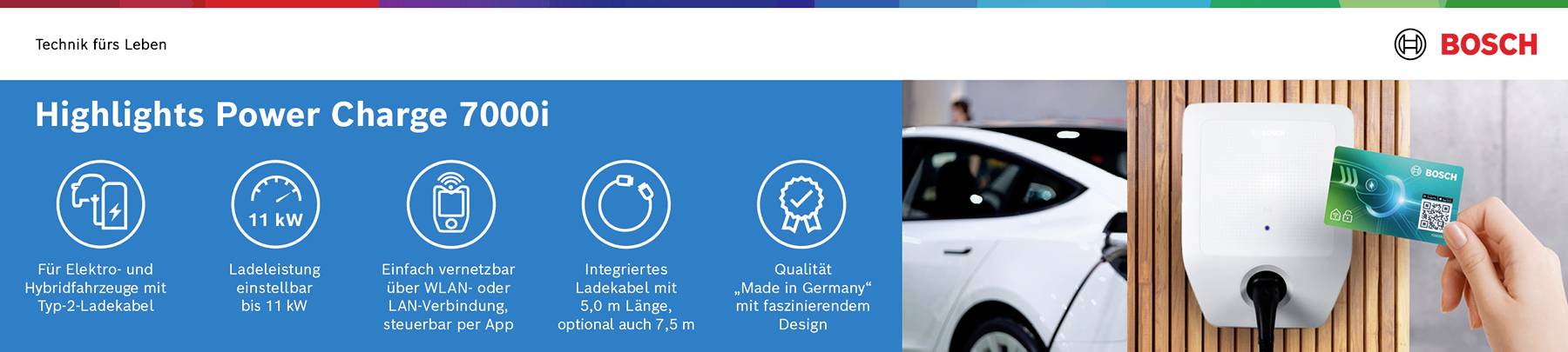 Ladestation Power Charge 7000. Infosymbole: '11 kW', App-Steuerung, 7,5 m Ladekabel, robust, modernes Design. Bosch-Logo oben rechts.
