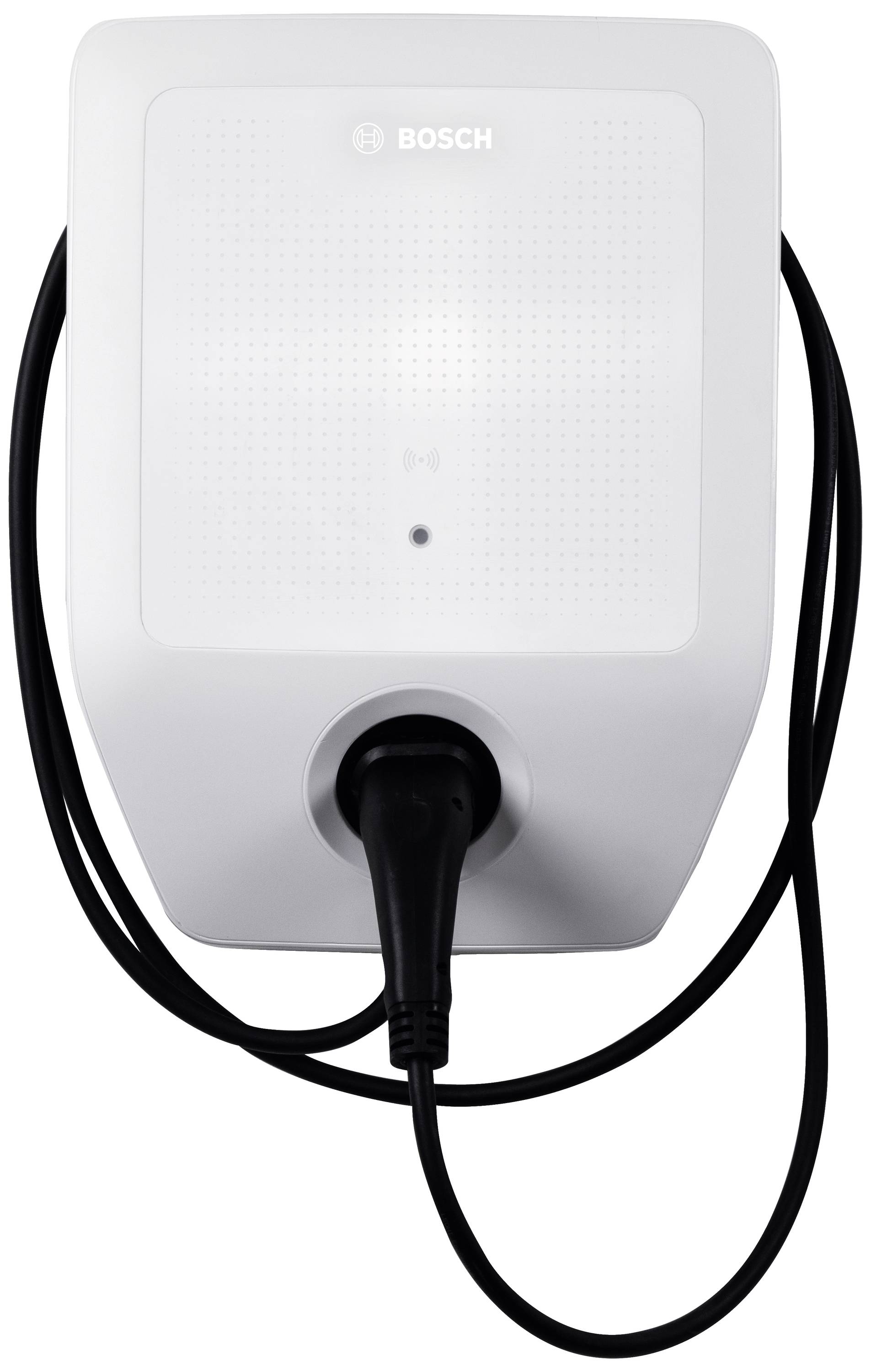 Ladestation für Elektrofahrzeuge, an Wand montiert, mit eingestecktem Ladekabel, zeigt Bosch-Logo.