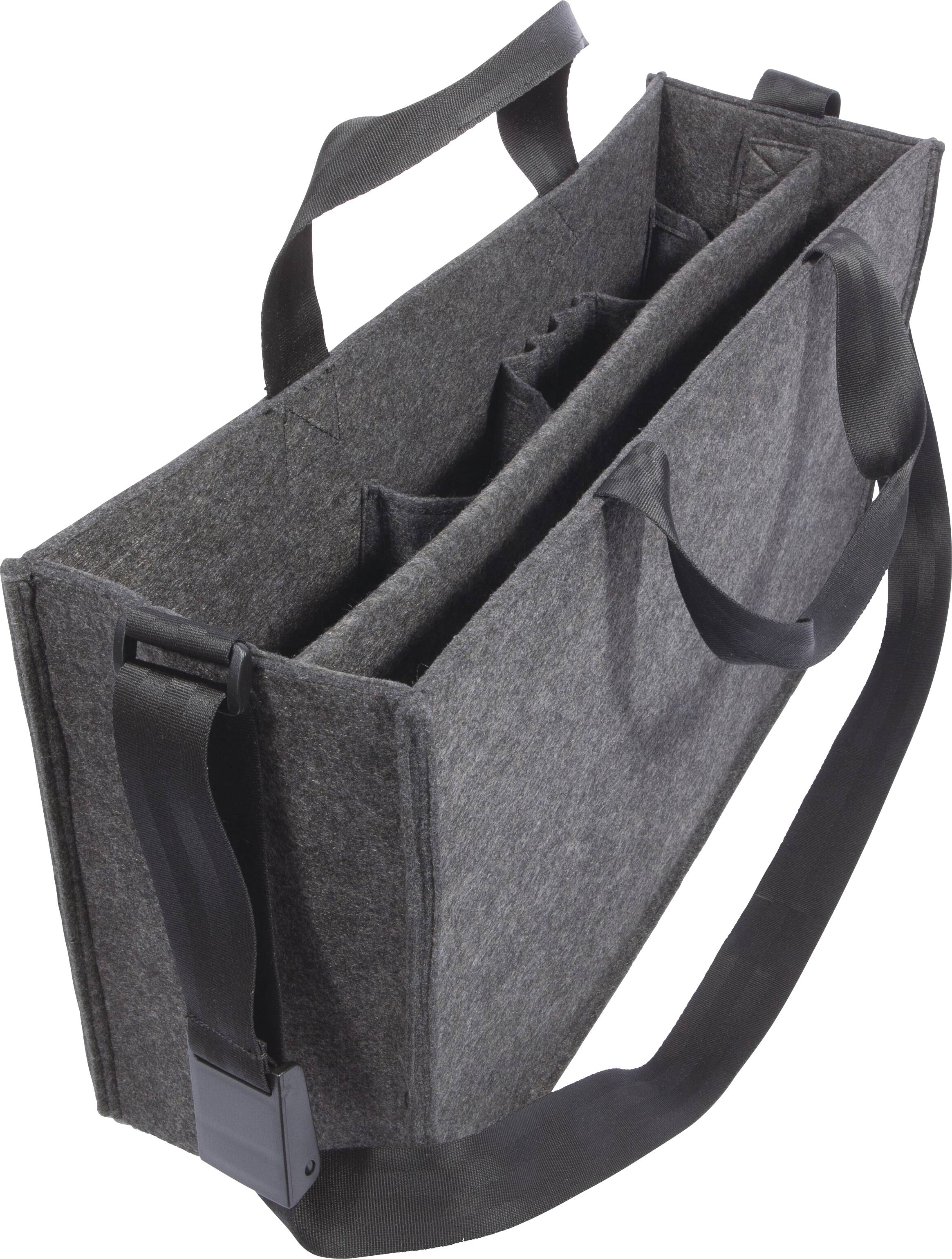 Graue Filztasche mit mehreren Fächern und zwei Griffen sowie einem verstellbaren Schulterriemen, aufrecht stehend.