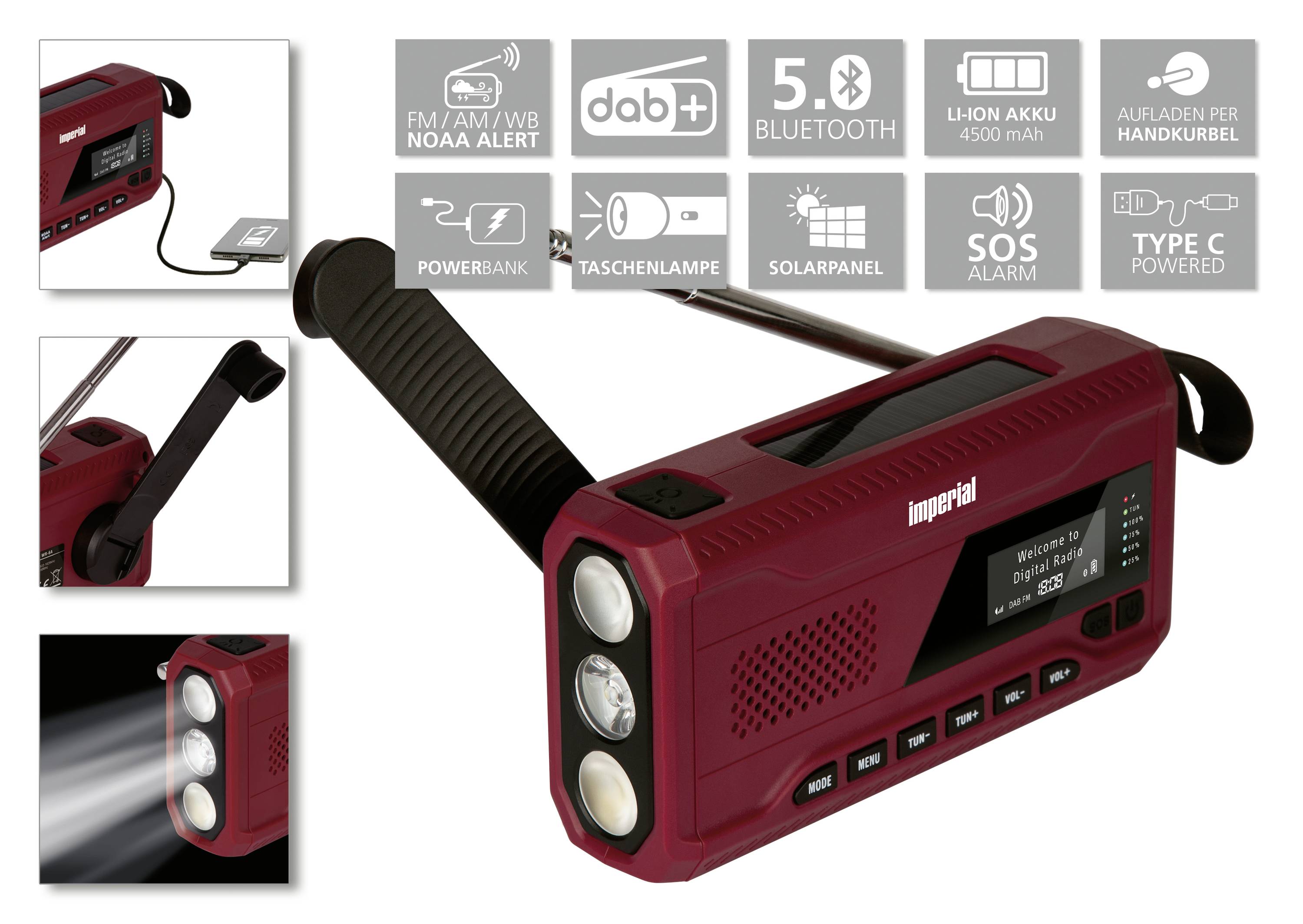 Imperial DABMAN OR 2 Outdoorradio DAB+, UKW Notfallradio, Bluetooth®, USB Akku-Ladefunktion, Handkurbel, Solarpanel, Taschenlampe, wiederaufladbar