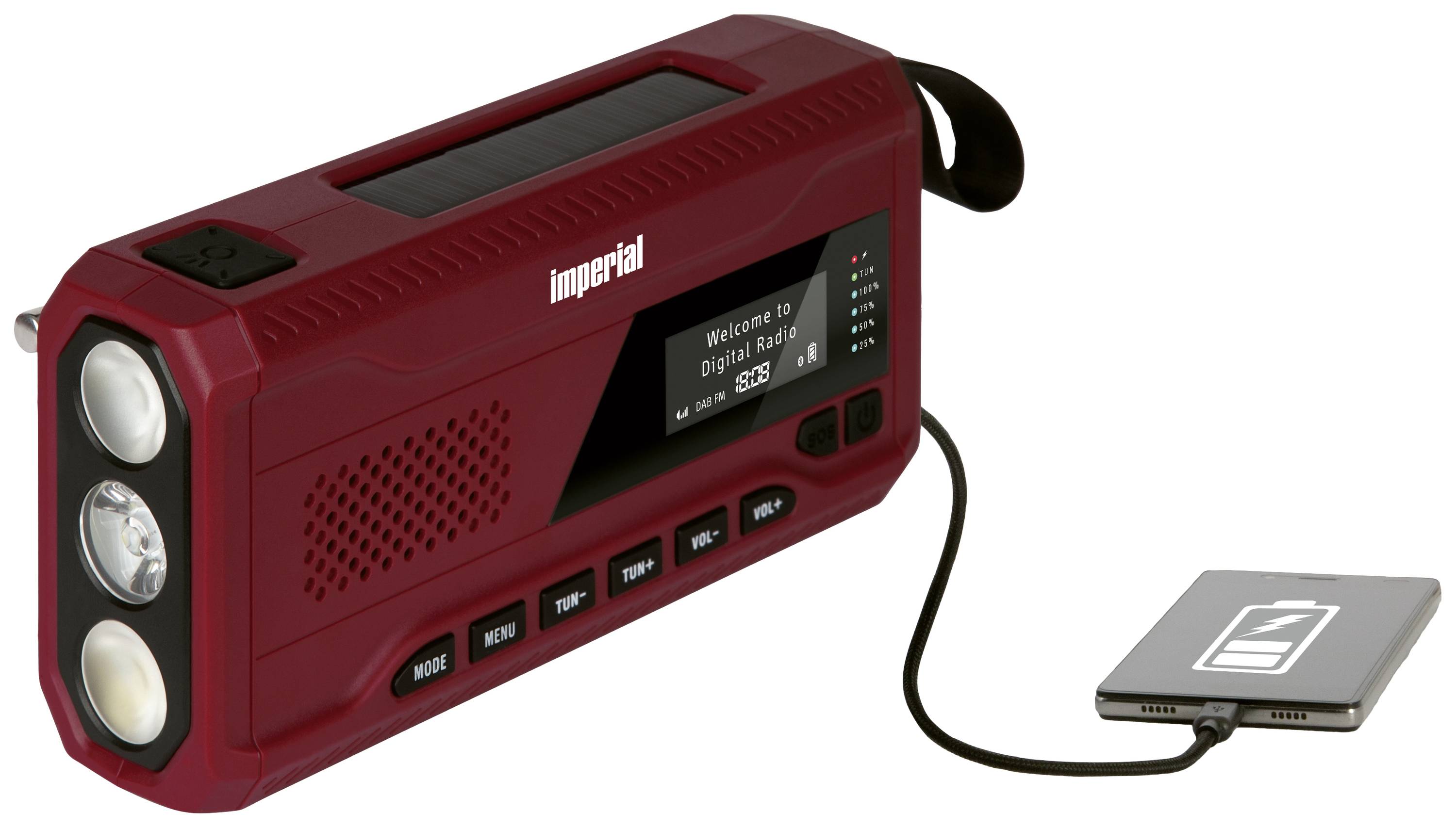 Imperial DABMAN OR 2 Outdoorradio DAB+, UKW Notfallradio, Bluetooth®, USB Akku-Ladefunktion, Handkurbel, Solarpanel, Taschenlampe, wiederaufladbar