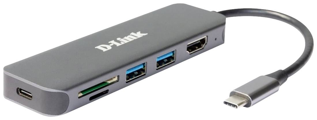 Ein grauer USB-C-Hub von D-Link mit Anschlüssen für HDMI, USB und Kartenleser, geeignet für Laptops zur Erweiterung der Anschlussmöglichkeiten.