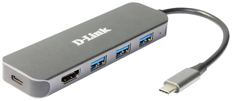 USB-C-Hub von D-Link mit drei USB-Anschlüssen, einem HDMI-Anschluss und einem USB-C-Anschluss. Eignet sich zur Verbindung mehrerer Geräte.