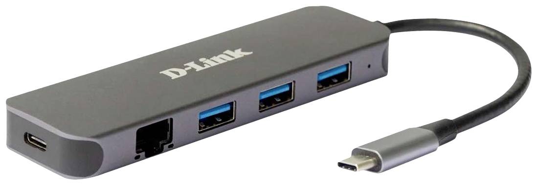 Ein USB-C-Hub von D-Link mit drei USB 3.0-Anschlüssen, einem HDMI-Anschluss und einem Ethernet-Anschluss zum Erweitern von Verbindungsmöglichkeiten.