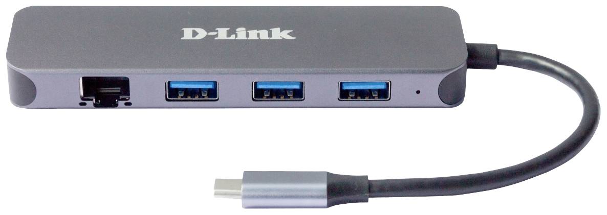 Ein USB-C-Hub von D-Link mit Ethernet-Port, drei USB-3.0-Ports und einem fest verbundenen USB-C-Kabel. Ideal für Erweiterung von Anschlüssen an Laptops.