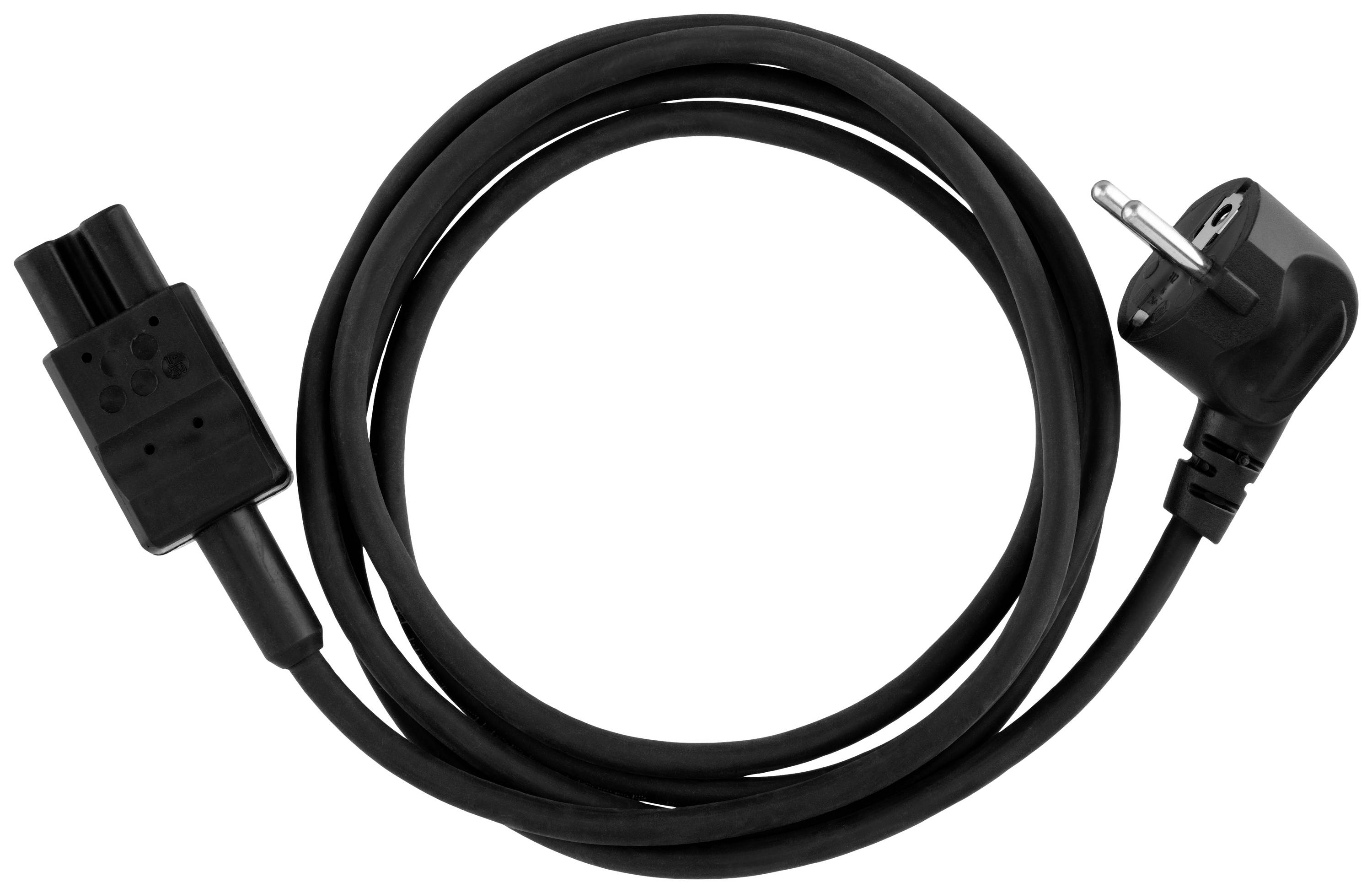 Ein schwarzes Netzkabel mit einem Winkelstecker auf der einen Seite und einem dreipoligen Anschluss auf der anderen.
