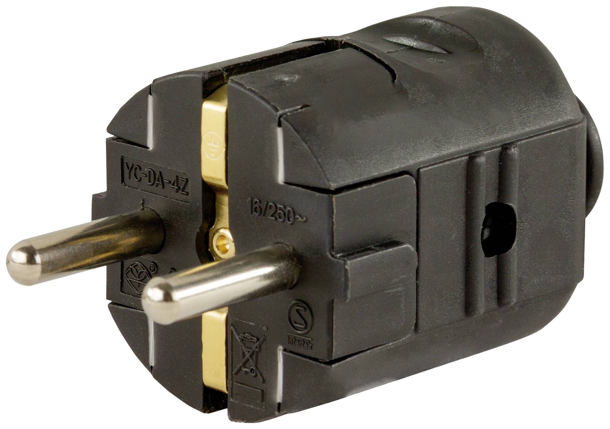 Ein schwarzer Eurostecker mit zwei Metallstiften und goldfarbenen Kontakten, geeignet für 16A/250V.