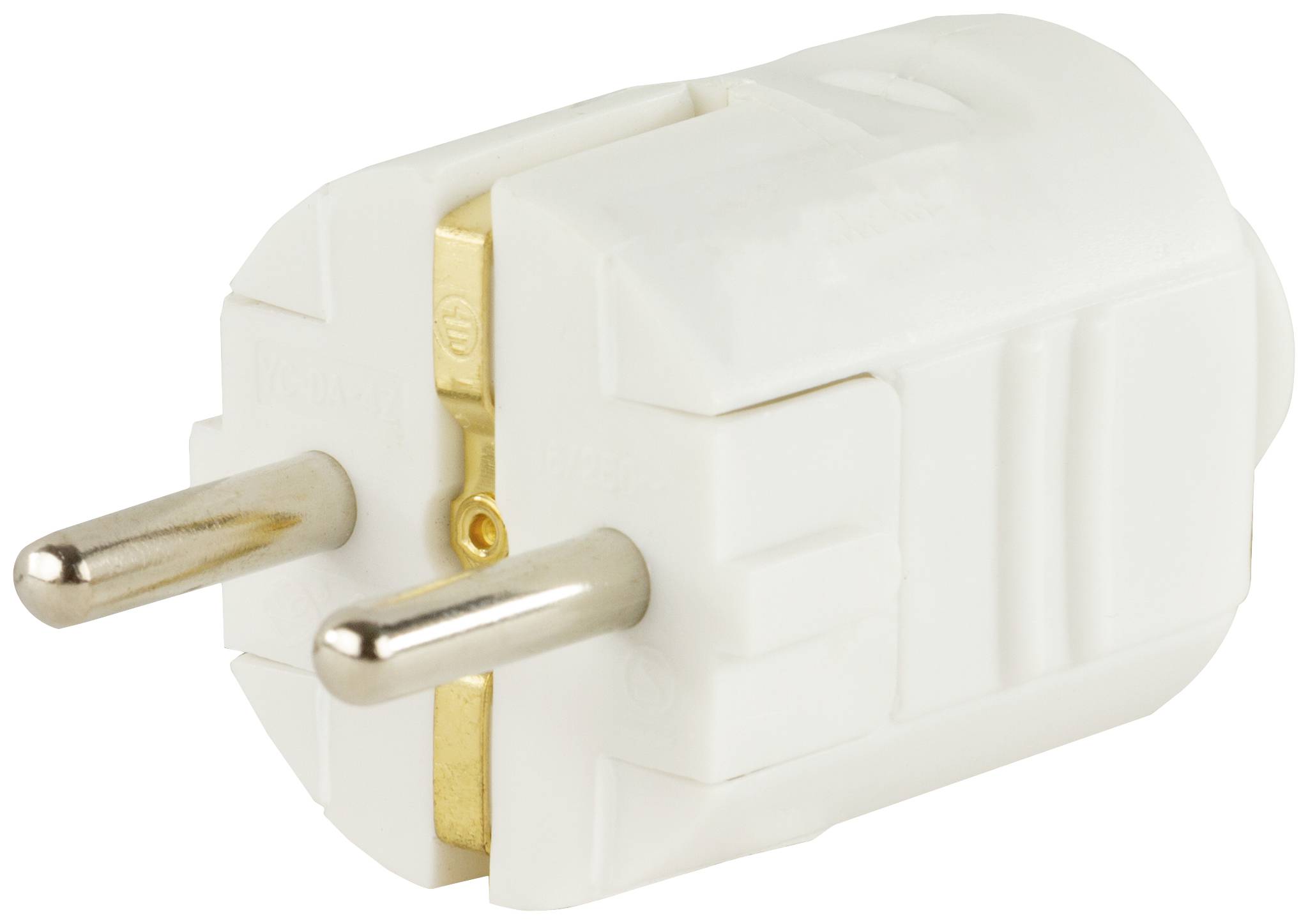 Ein weißer Euro-Stecker mit zwei Metallstiften, seitlich betrachtet. Er wird für den Anschluss elektrischer Geräte verwendet.