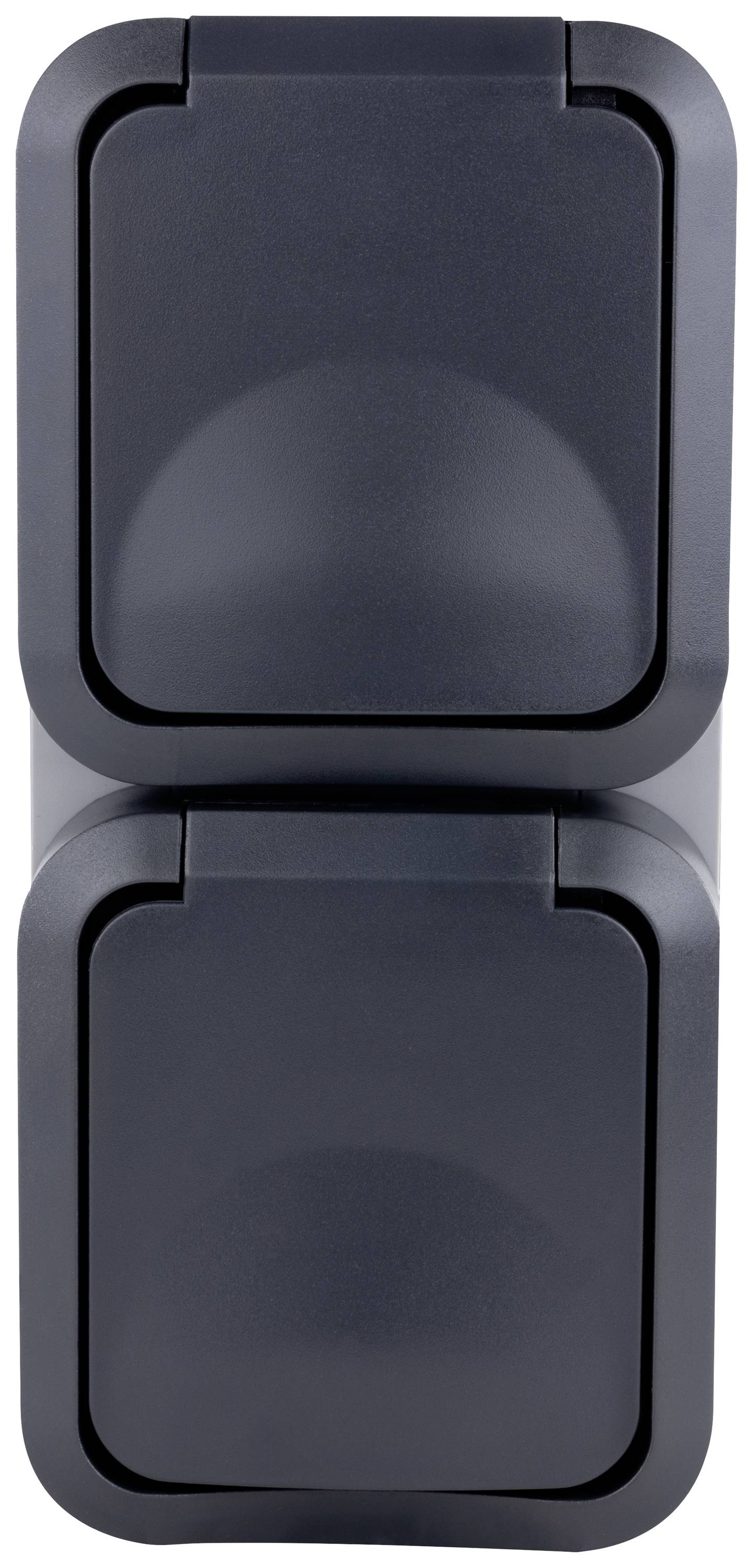 Doppellichtschalter in dunklem Gehäuse, zwei Kippschalter übereinander, minimalistisch und funktional gestaltet.