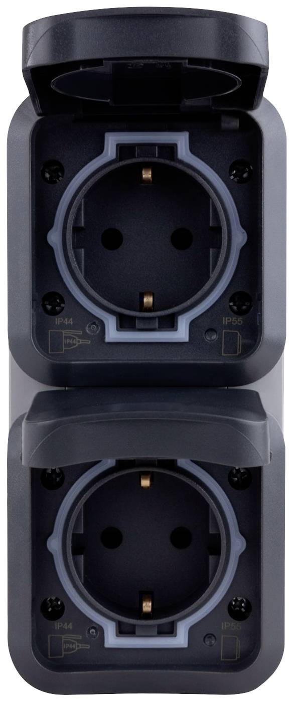 Zwei schwarze Wandsteckdosen übereinander, geöffnet, mit Schutzkontakten, geeignet für europäische Stecker, vor weißem Hintergrund.