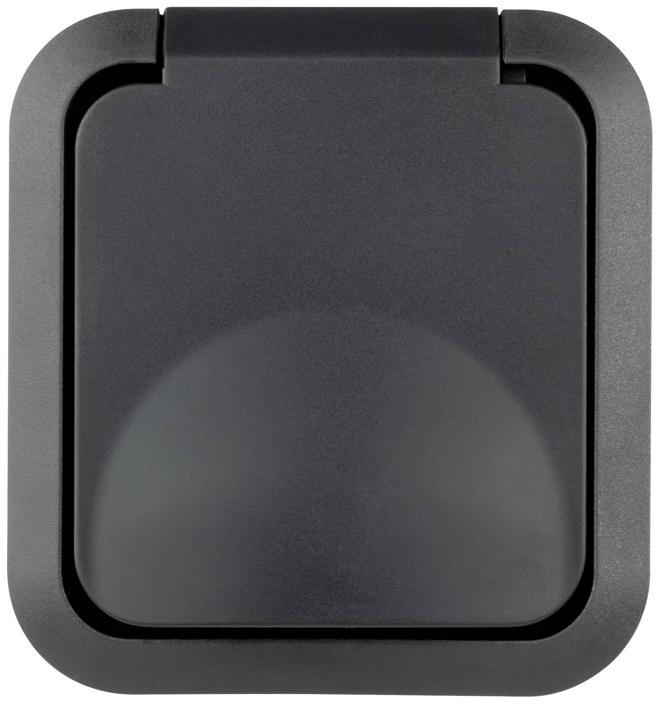 Eine schwarze, eckige Abdeckplatte, die eine Steckdose oder einen Anschluss verdecken könnte. Sie ist schlicht und hat glatte Oberflächen.