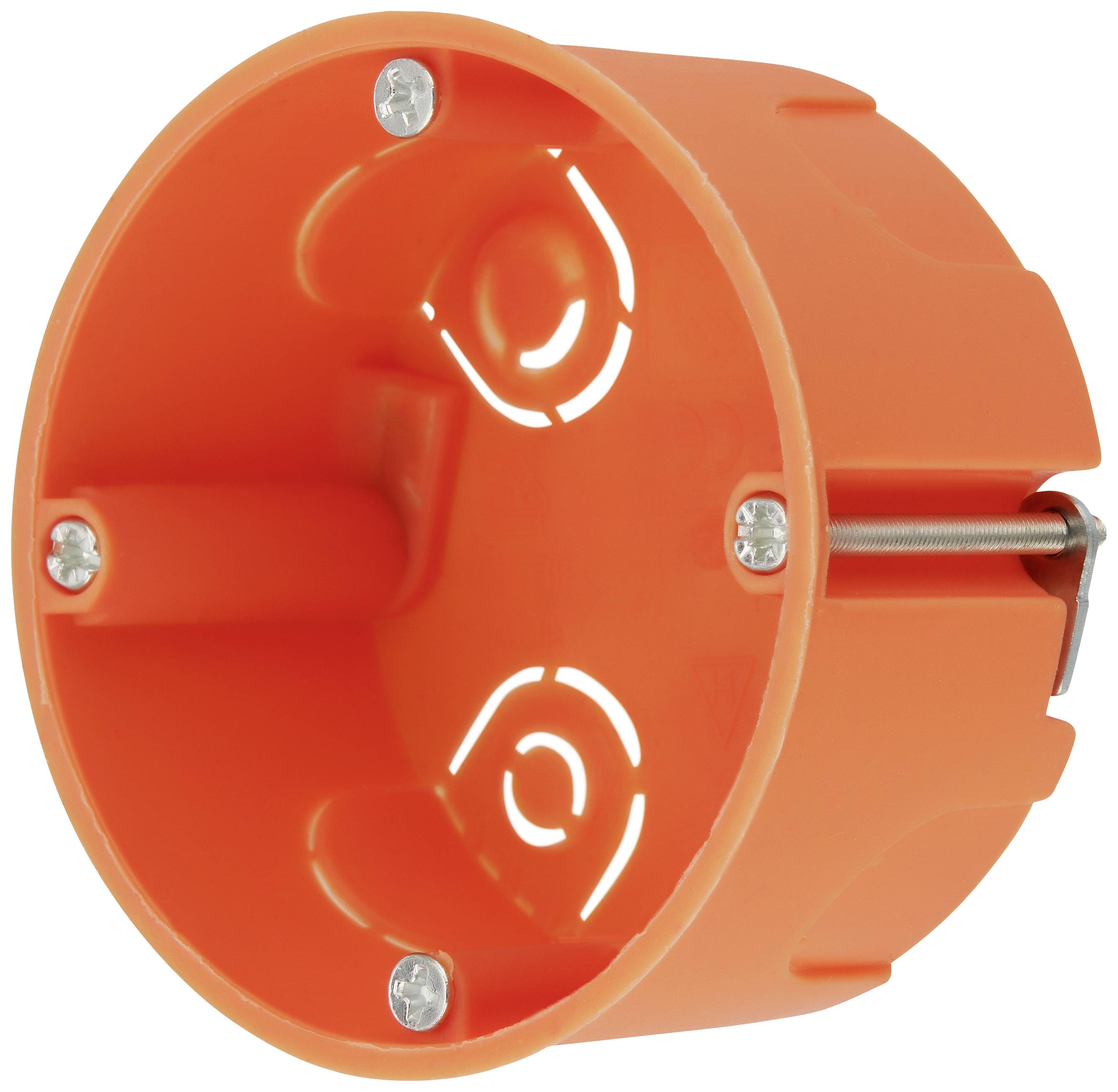 Ein orangefarbener runder Unterputzdosenhalter mit Befestigungsschrauben, verwendet zur sicheren Montage elektrischer Schalter oder Steckdosen in Wänden.