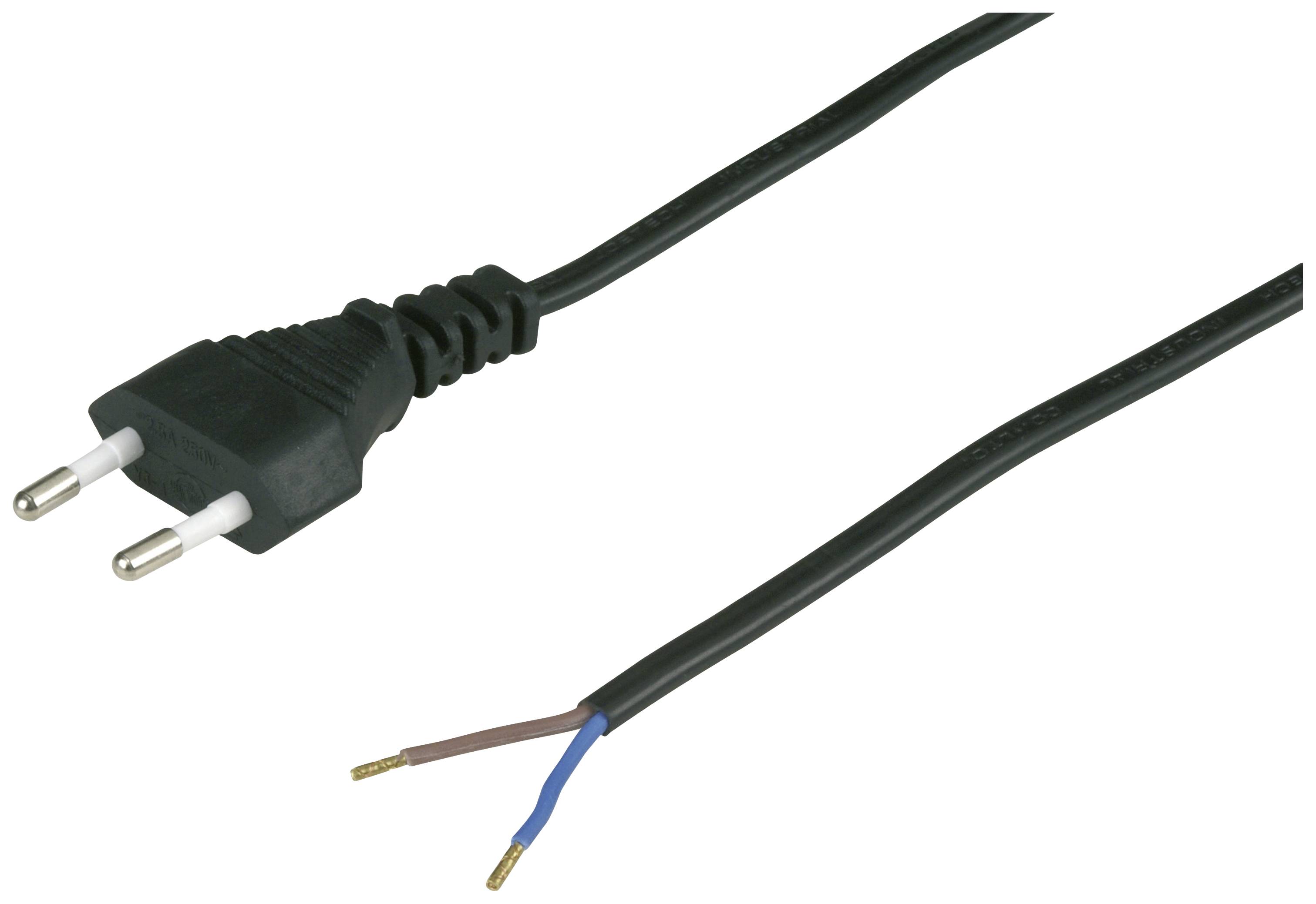 Ein schwarzes Stromkabel mit abisolierten Enden und einem zweipoligen Stecker.