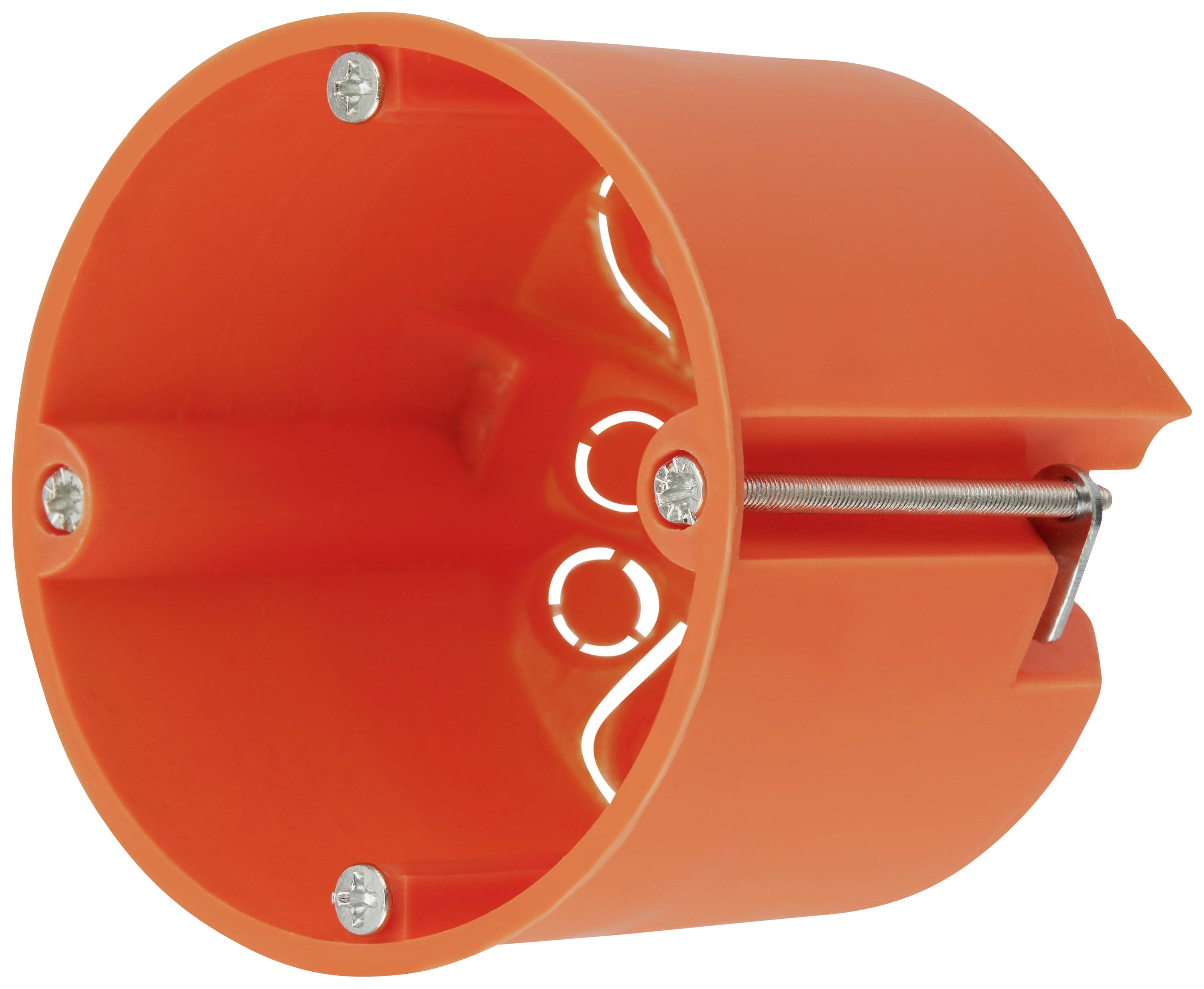 Orange Kunststoff-Dose mit sichtbaren Schrauben und Metallsteg, geeignet für Elektroinstallationen in Hohlwänden.