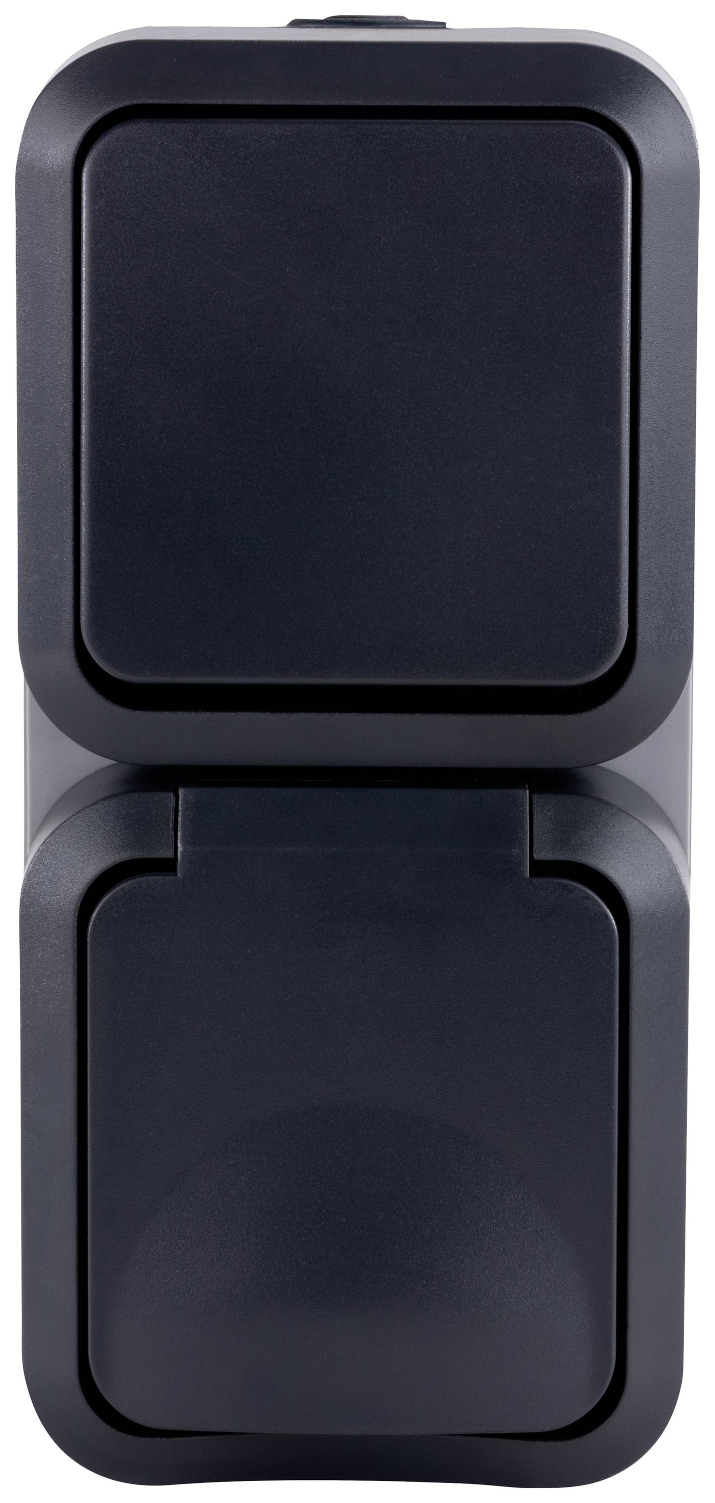 Zwei schwarze, rechteckige Steckdosen, übereinander montiert, geschlossen.