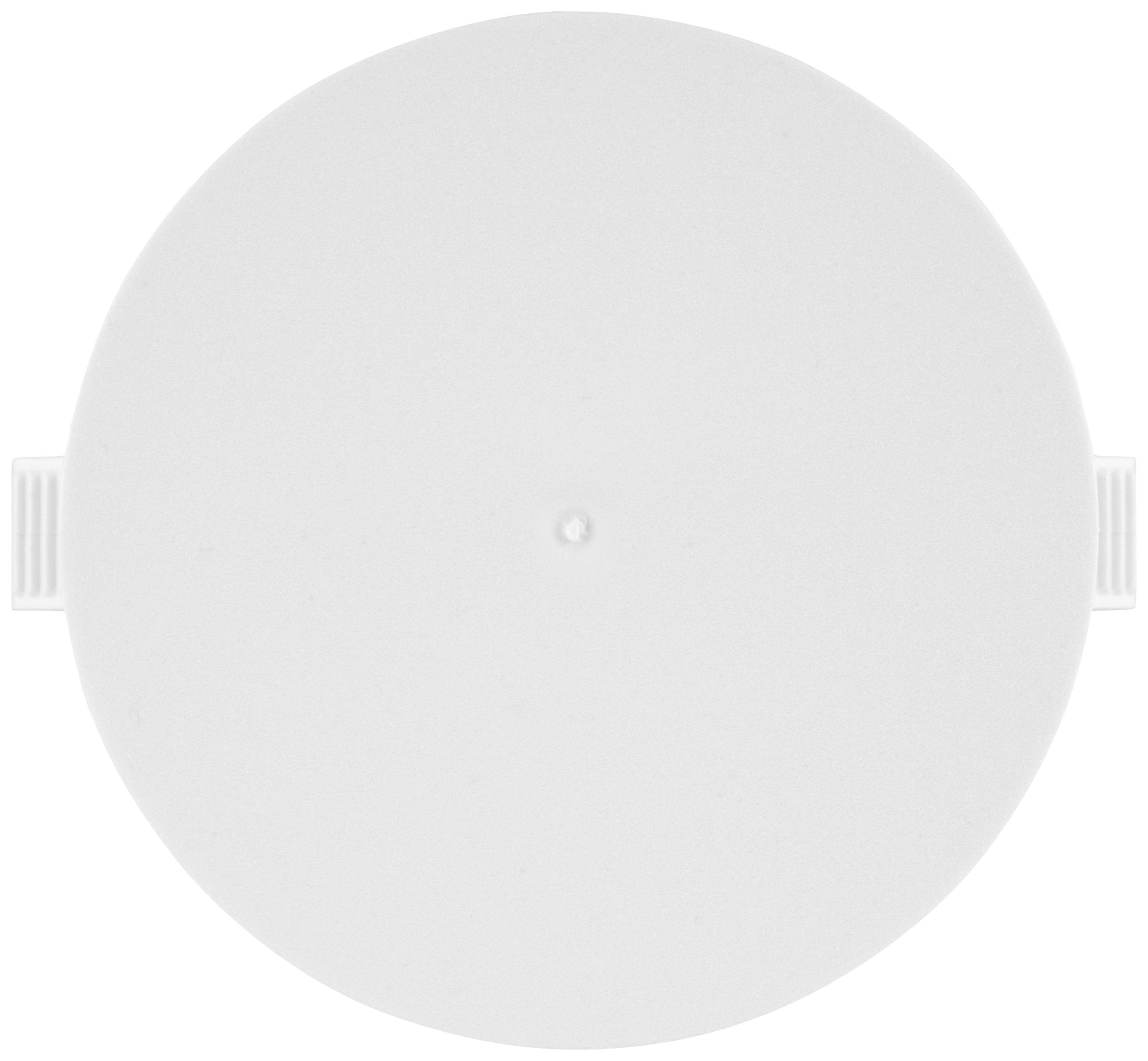 Ein weißer, flacher, runder Gegenstand mit zwei kleinen Griffen an den Seiten, auf neutralem Hintergrund.