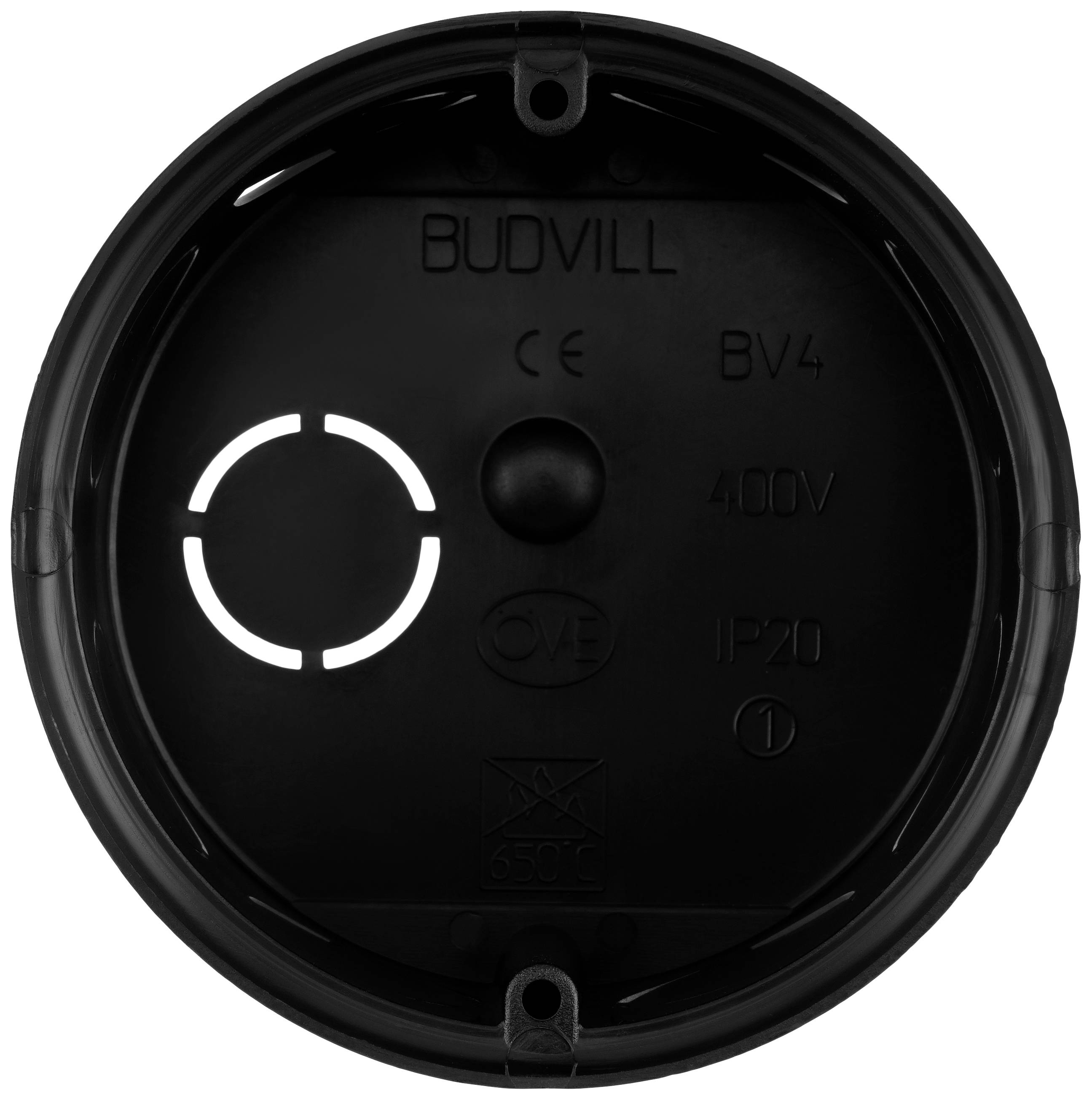 Schwarze Abdeckplatte mit Aufschrift: BUDVILL, CE, BV4, 400V, IP20. Eine kreisförmige Linie und ein kleiner Kreis sind hervorgehoben.