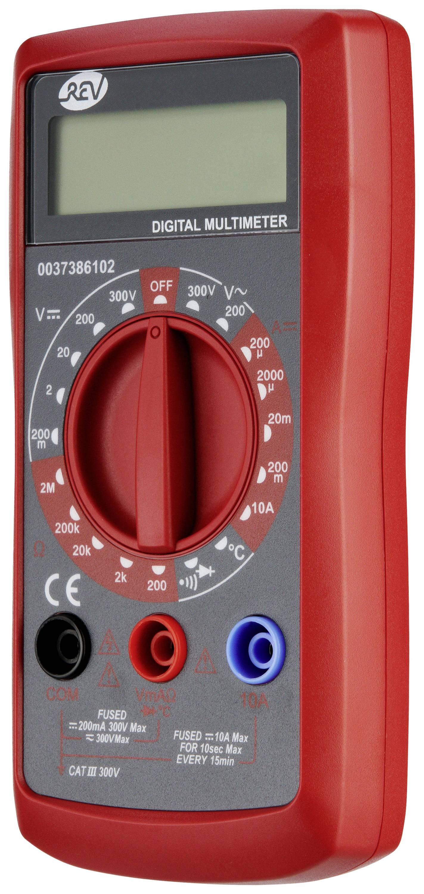 Rotes digitales Multimeter mit LCD-Display und Drehschalter zur Auswahl verschiedener Messbereiche; geeignet für Spannung, Strom, Widerstand.