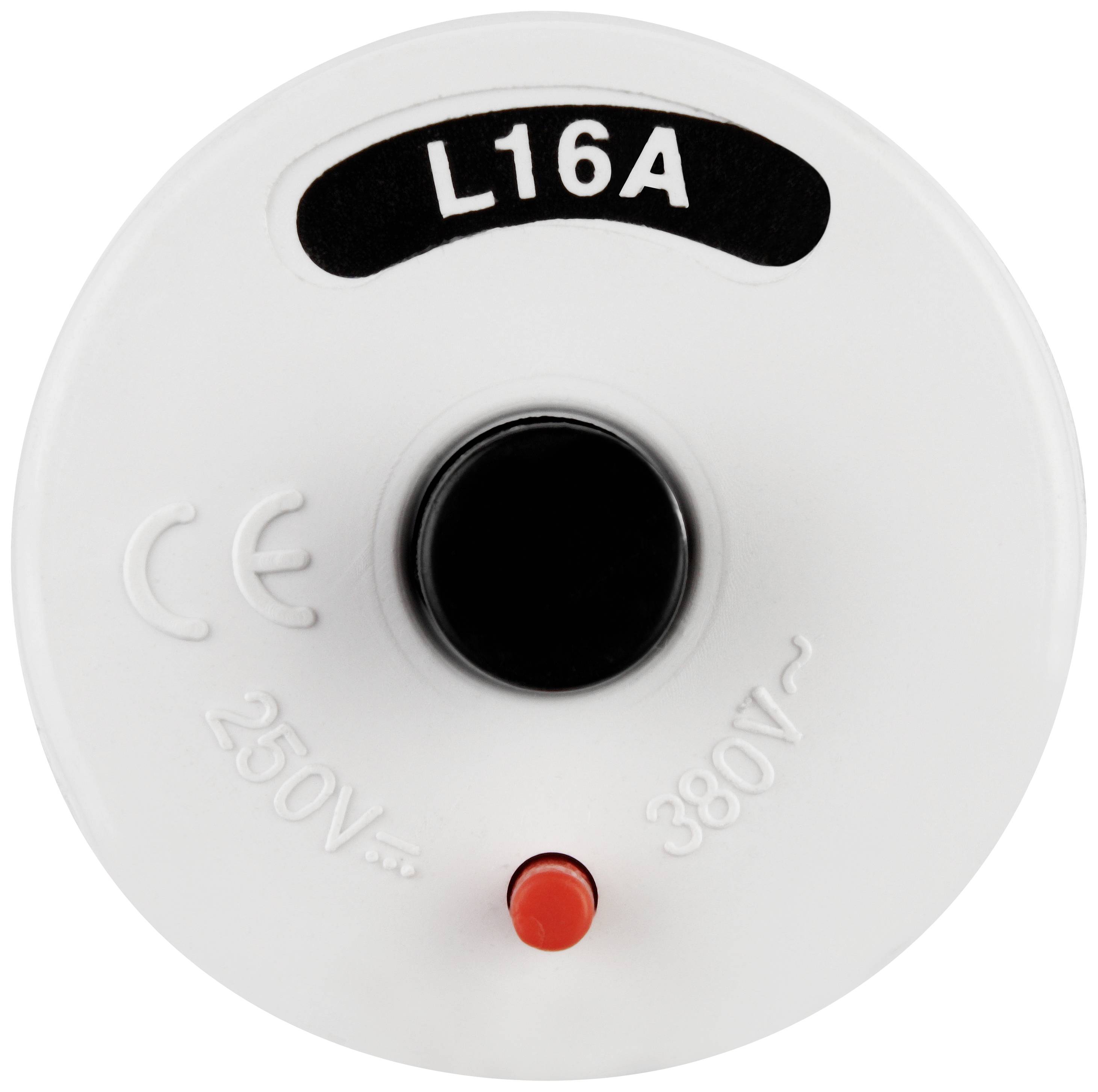 Weiße Steckeradapterabdeckung mit schwarzer Beschriftung 'L16A', 250V und 380V Symbole, roter Punkt unten.