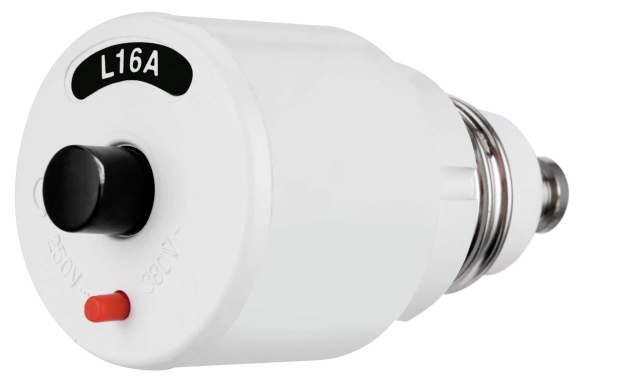 Eine weiße elektrische Sicherung mit schwarzem Deckel, beschriftet mit 'L16A'. Sie verfügt über einen roten Rückstellknopf und ist mit '250V' und '380V' gekennzeichnet.
